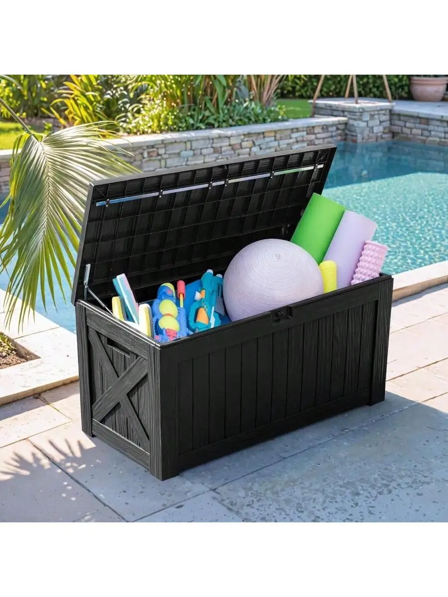 Flamaker Resin Deck Box 120 Gallon Waterproof Large Deck Boxes Plus Outdoor Indoor Storage Box Imitation Wood Resin for 3