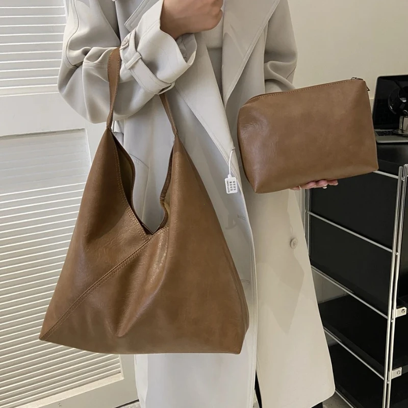 Retro Designer 2-IN-1 Shoulder Bags For Women Soft PU Leather 2026 Winter New Large Capacity Underarm Hobo Shopper Totes Handbag