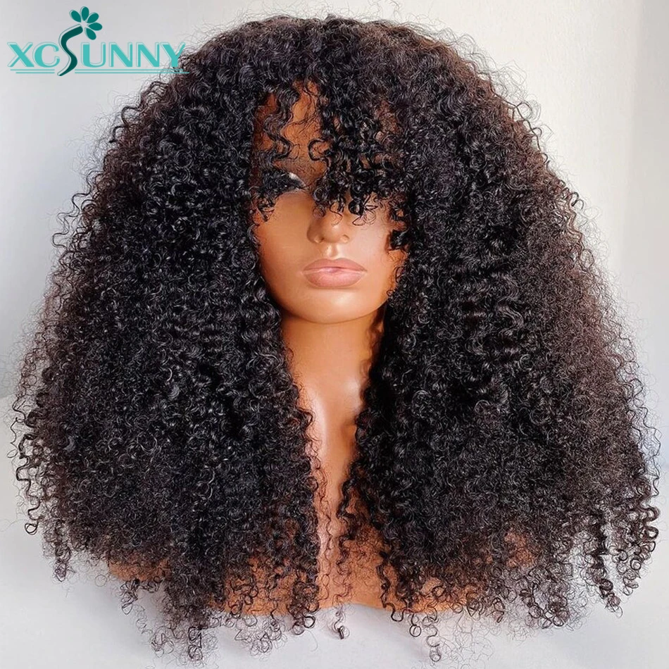 Afro Kinky Curly Human Hair Wigs With Bangs 200 Density 24inch Full Machine  Made Human Hair Wig Remy Brazilian Hair Xcsunny - Full Machine Wigs -  AliExpress
