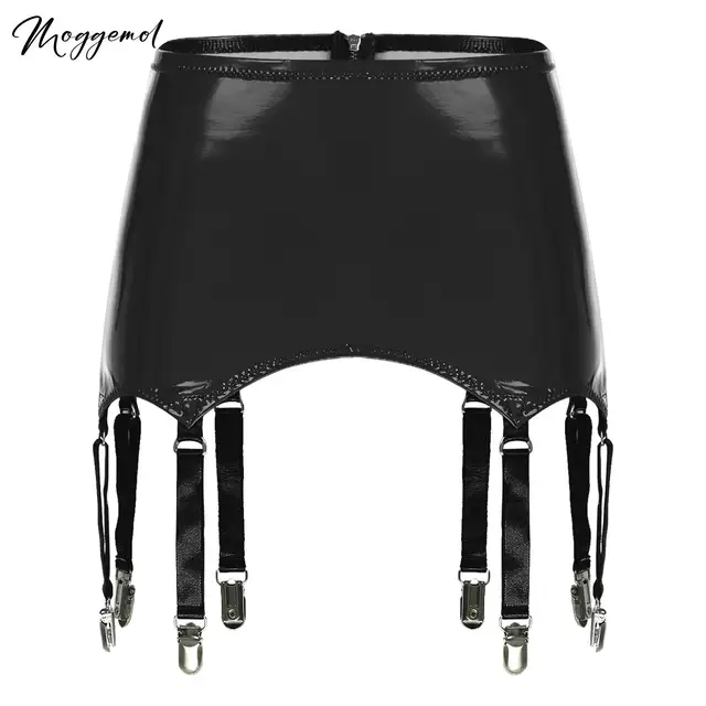 Womens Garters Suspender Belt Skirts Ladies Wet Look Mini Skirts Leather Garters with Metal Clips Clubwear Costume Underwear