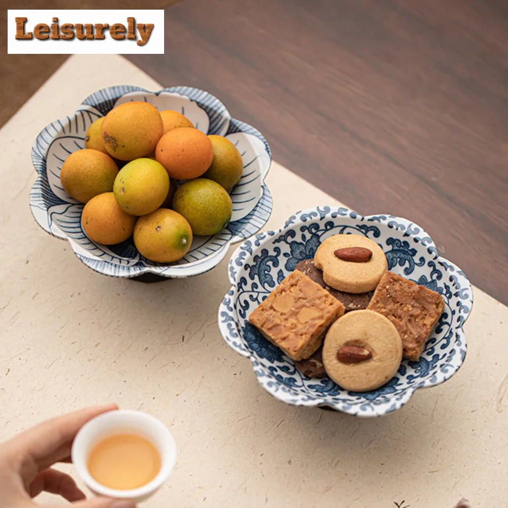 Antique Blue and White Fruit Dishes Zen High Legged Pastry Plate Refreshment Fruit Plate Fruit Plate Serving Tray Teaset Craft