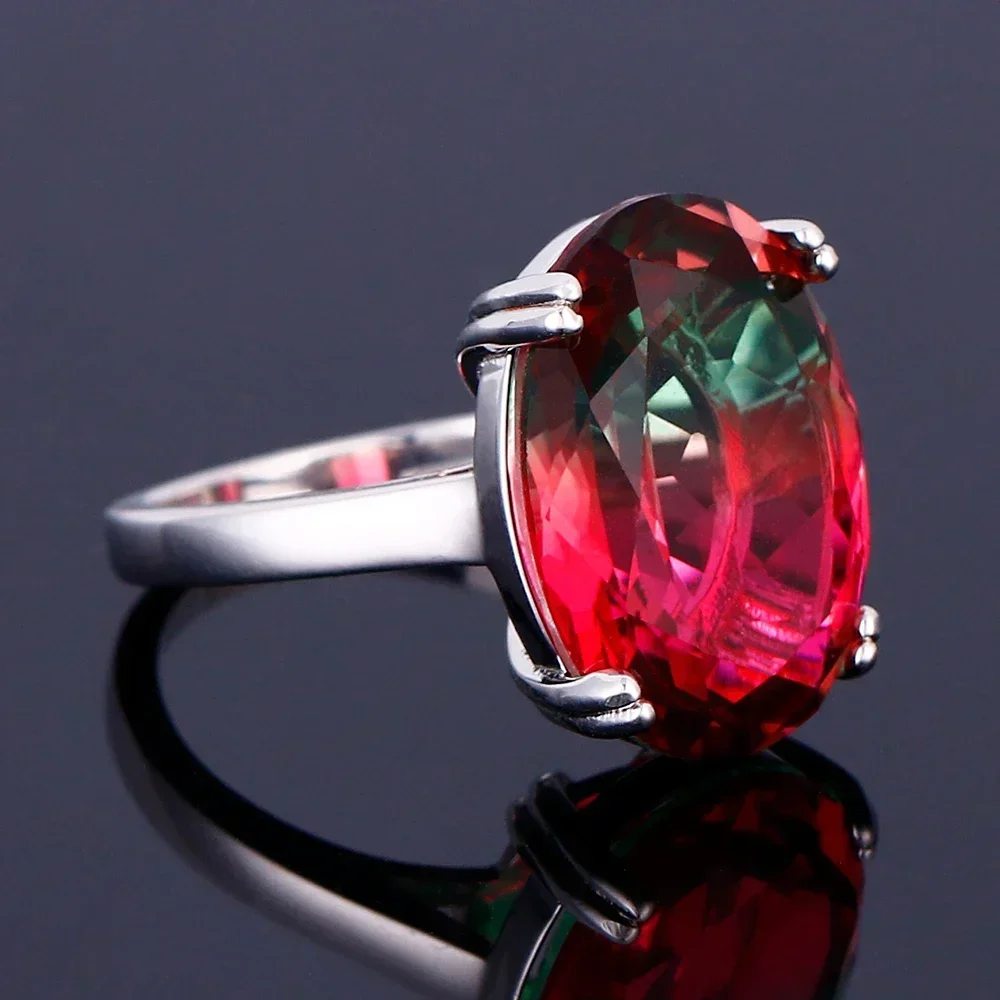 S925 Silver Ring Women Large Zircon 13*18mm Multicolor Tourmaline Wedding Certified