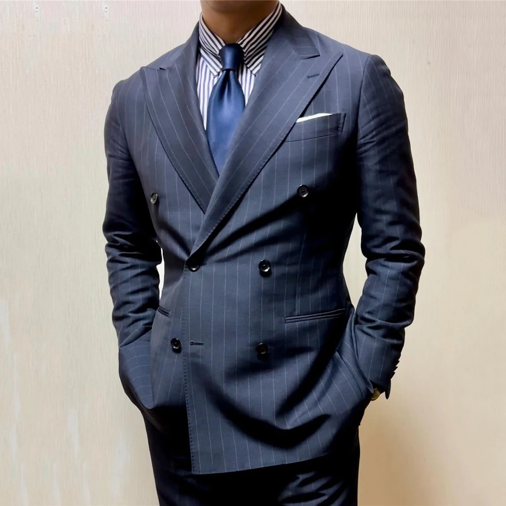 

Handsome Navy Blue Striped Suits For Mens Formal Business Blazer Wedding Groom Tuxedo 2 Piece Set Jacket Pants Terno Masculino