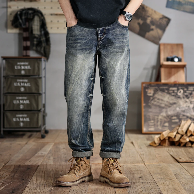 28-48Size Fat Jeans Men's Loose Straight Washed All-Match Fashion Street Retro Distressed plus-Sized Men's Pants