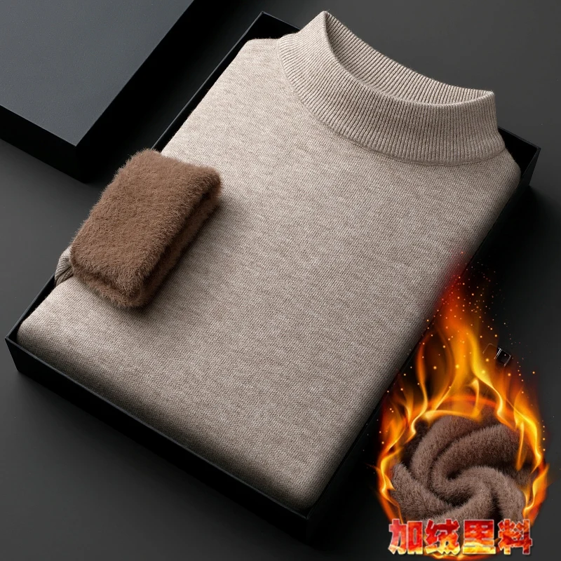 

High-End Men's Half-High Collar Pullover Sweater Winter Fleece Lined Padded Warm Keeping Soft Bottoming Top Men's Sweater