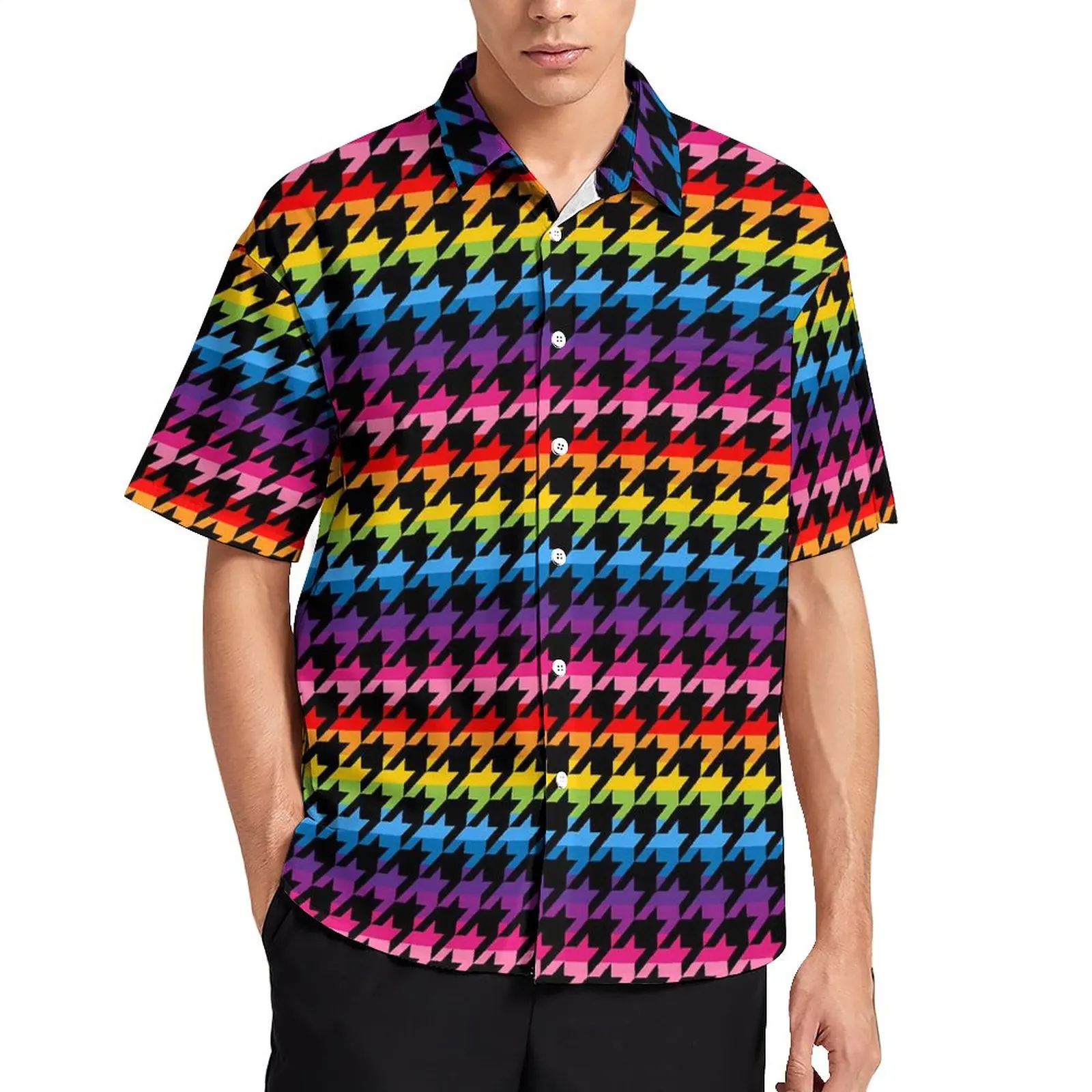 

Rainbow Houndstooth LGBTQ Loose Shirt Men Beach Retro Print Casual Shirts Hawaiian Short-Sleeve Aesthetic Oversized Blouses