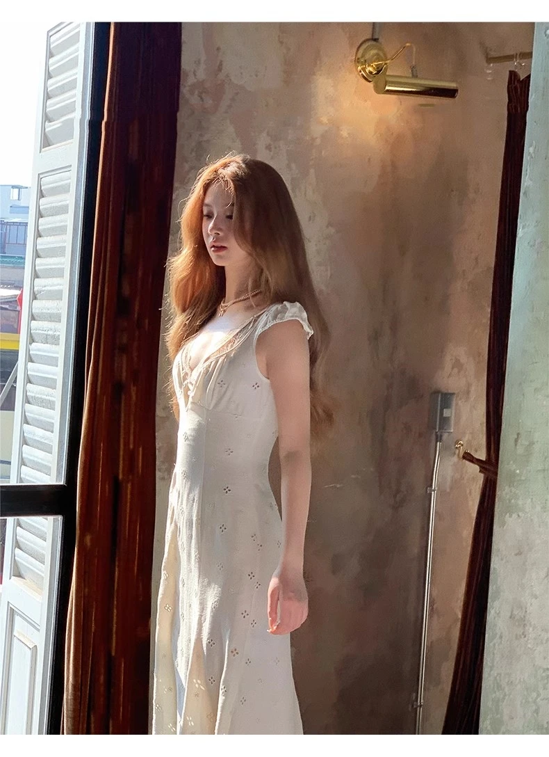 New Summer Hollow Out Midi Dress Women V-neck Vocation French Style White Dress Elegant Casual Korean Fashion Slim Vestidos 2025