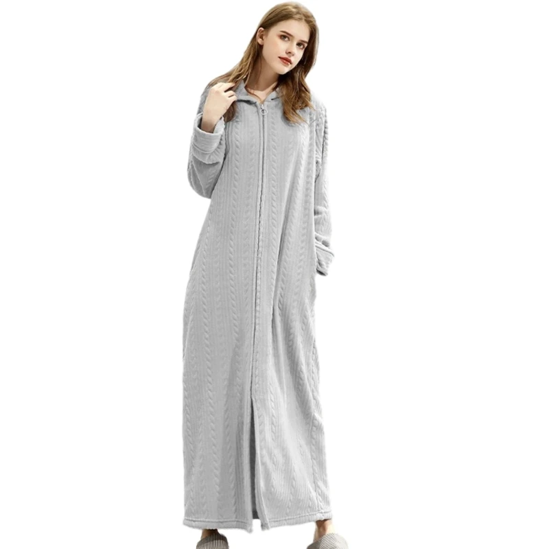 Flannel Zipper Warm Robe Cozy Fuzzy Long Bathrobe Housecoats Nightgown Sleepwear Plush Night Dressing Robes Women Men