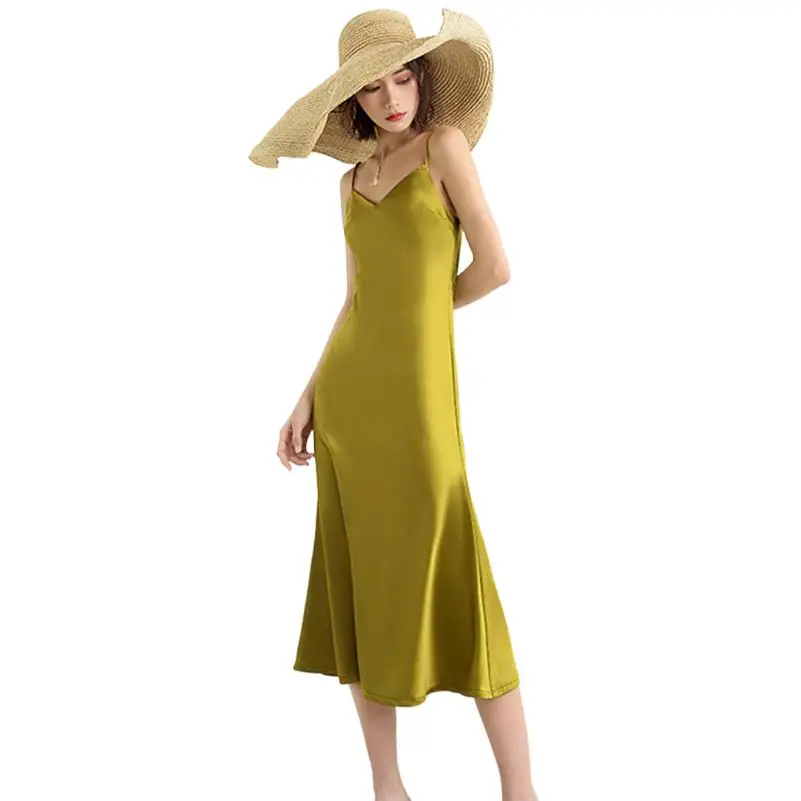 

Retro Stylish Sling High Quality Long Dress Summer Simple Sleeveless V-Neck Basic Dress Solid Satin Beach Party Holiday Vestidos
