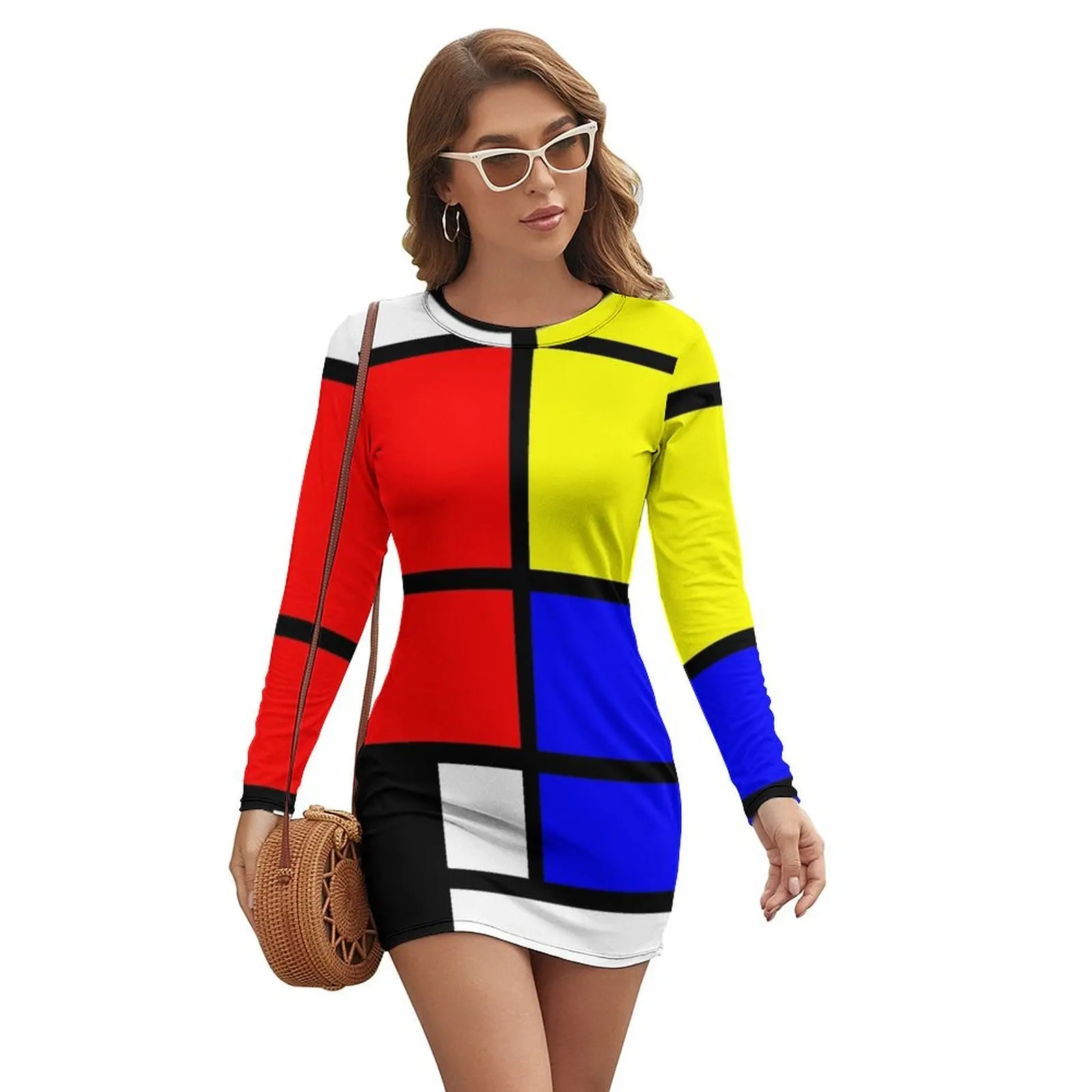 

Mondrian style art deco design in basic colors Long-sleeved Dress Women's long dress sexy short dresses daring Dress for girls