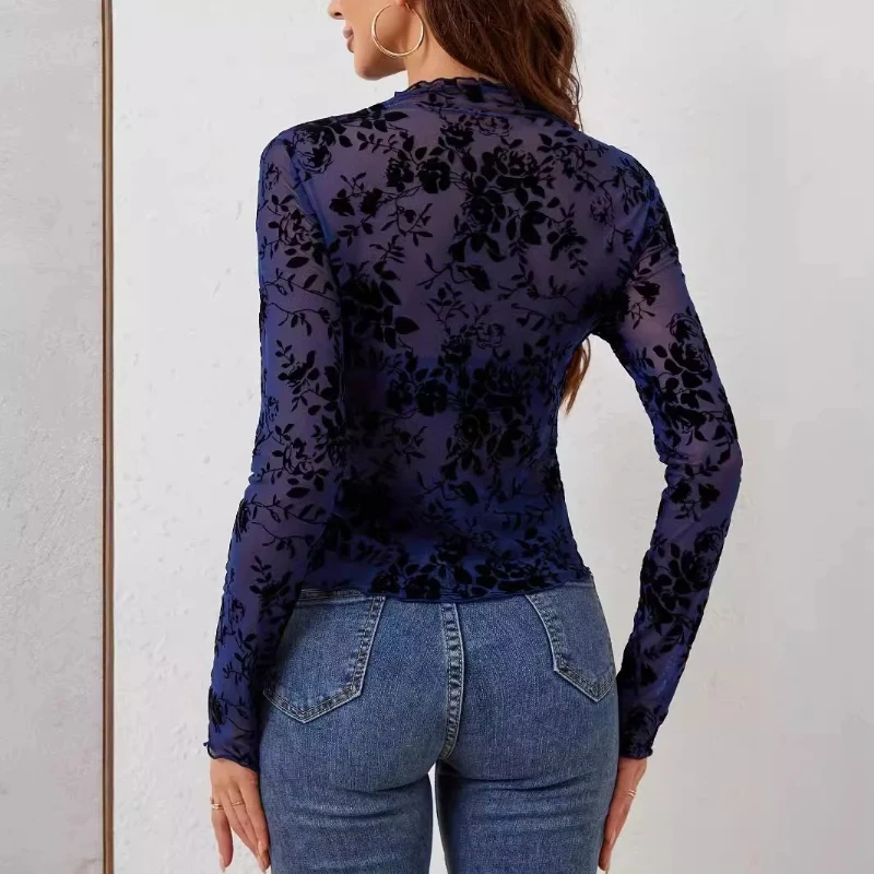 Fashion New Women's Small Stand-up Collar Mesh Lace Splicing Long-sleeved T-shirt Retro Elegant Women's Casual Top Slim Blouse