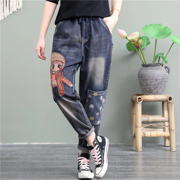 

Cartoon Litter Girl Embroidery Denim Pants For Women Trendy Hole Casual High Waist Breeches Pockets Mom Harem Blue Jeans