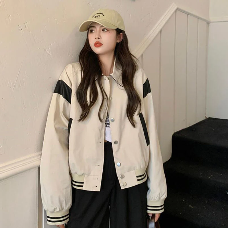 

Women Streetwear Baseball Uniform Jacket Fall Korean Fashion Casual Coats Turn Down Collar Single Breasted Outwear All Match