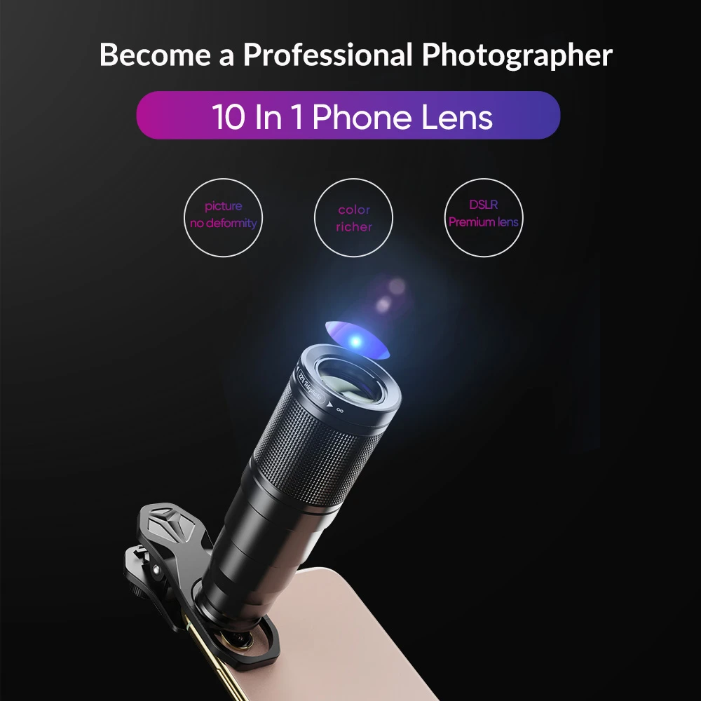 Apexel Camera Lens Kit 10 In 1 Macro Wide Fisheye 10x Telescope For