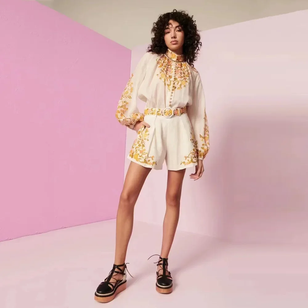 2024 Fashion Suit Single Breasted Printed Stand Collar Lantern Sleeve Long Sleeve Shirt Loose Top Shorts with Belt Two-Piece Set