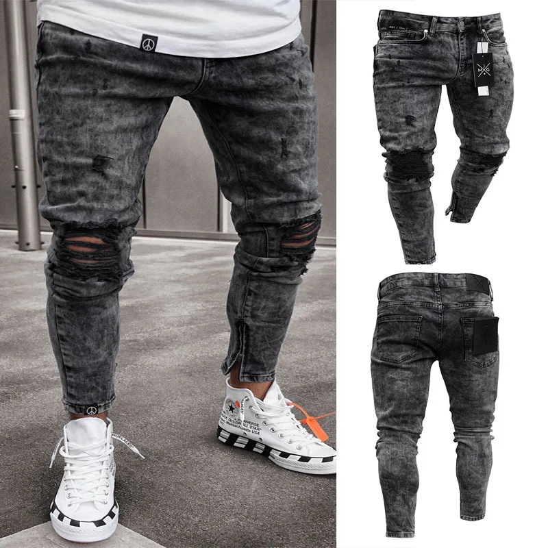 Biker Jeans Men's Distressed Stretch Ripped Biker Pure Color Jeans Men Hip Hop Slim Fit Holes Punk Jeans Zipper Denim Pants