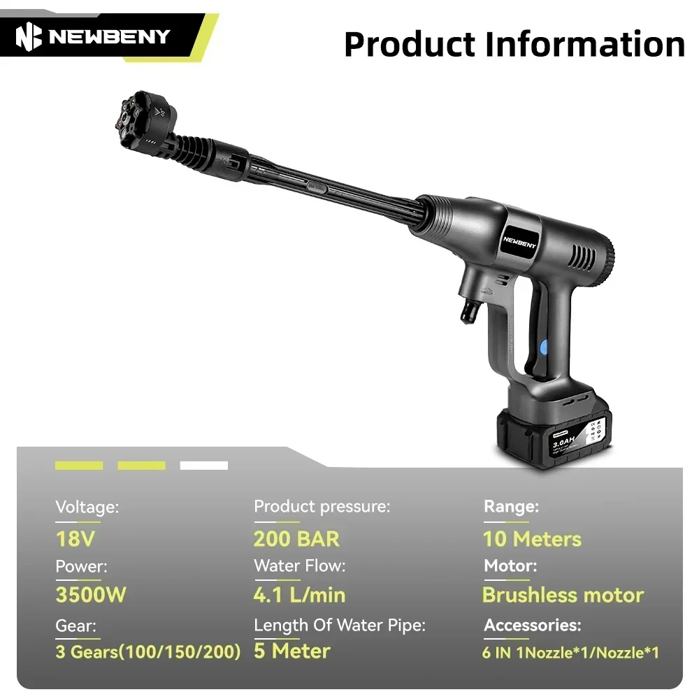NEWBENY 200Bar Brushless Car Washer 3Gear High Pressure Efficient Cordless Garden Cleaning Irrigation Tool For Makita 18VBattery 2