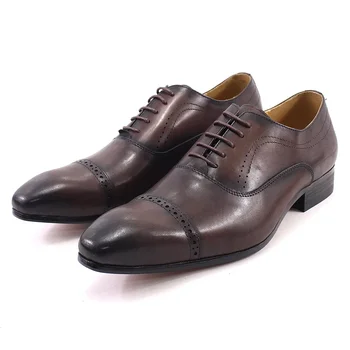 Genuine Leather Oxford Dress Shoes Men Lace Up Cap Toe Office Wedding Shoes Black Brown Brogue Pointed Oxfords Formal Shoes Men 2