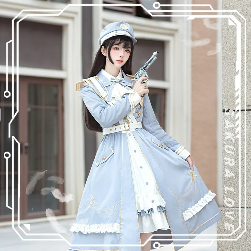 

Medieval Retro Japanese Lolita Coat Cloak Military Style Cape Hat Set Long Sleeves Ruffle Classic Gothic Lolita Dress Harajuku