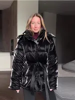 Elegant Women's Shiny Thicken Cotton Coats Hooded Detachable Zippers Lace Up Lady Coat 2025 Winter Chic Female Streetwear 2