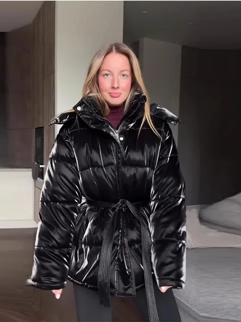 Elegant Women's Shiny Thicken Cotton Coats Hooded Detachable Zippers Lace Up Lady Coat 2025 Winter Chic Female Streetwear 2