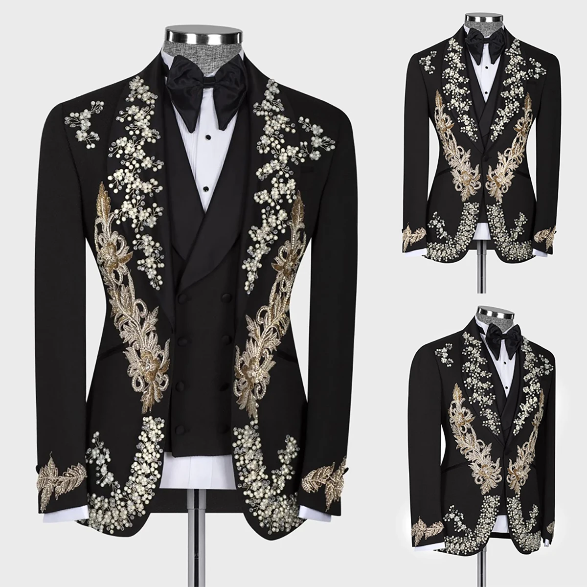 

Luxury Wedding Men Suits Tuxedos 3D Flower Applicants Pearls Shawl Lapel One Button Pockets Customized Groom 1-Piece Tailored