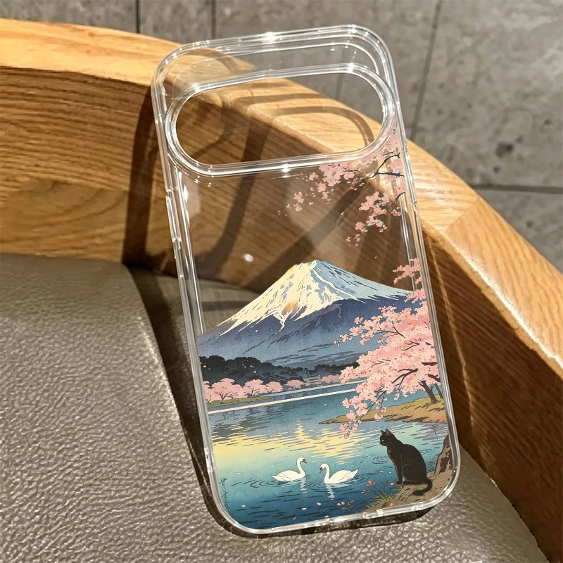 Mount Fuji Scenery Black Cat Clear Phone Case