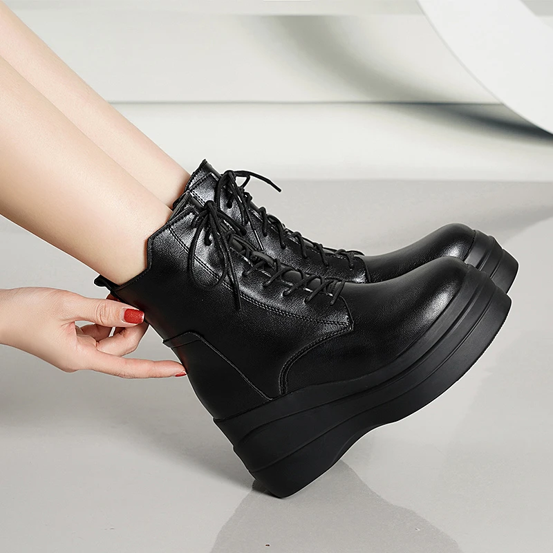 Punk Trainers Women Lace Up Straps Genuine Leather High Heel Platform Pumps Shoes Female Round Toe Fashion Sneakers Casual Shoes