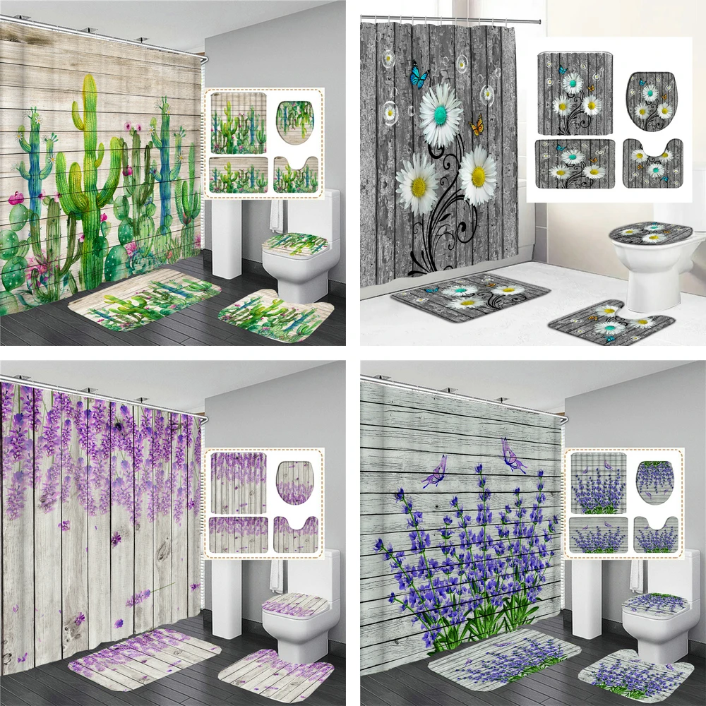 

Plant Flowers Polyester Shower Curtain Waterproof Bathroom Partition Bath Screen Anti-slip Mat Set Toilet Carpet Rugs Home Decor