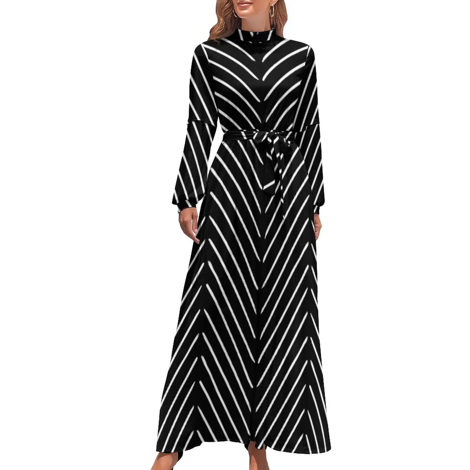

Retro Nordic Lines Dress Long Sleeve Diagonal Mudcloth Black Elegant Maxi Dress High Waist Stylish Design Bohemia Long Dresses
