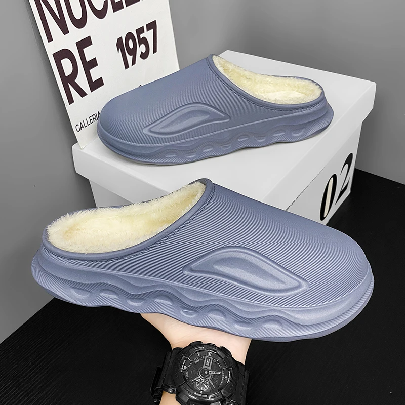 New Fashion Cotton Slippers Men Winter Warm Home Cotton Shoes Waterproof Garden Shoes Indoor Slip on Concise Shoes