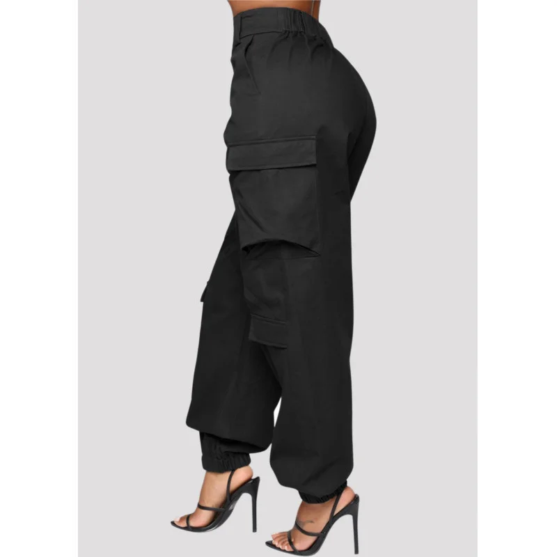 Dressmecb Solid Black Casual Trouser Women Pockets HIgh Waist Button Long Pencil Pants Autumn Streetwear Loose Cargo Pants 2021 cargo pants