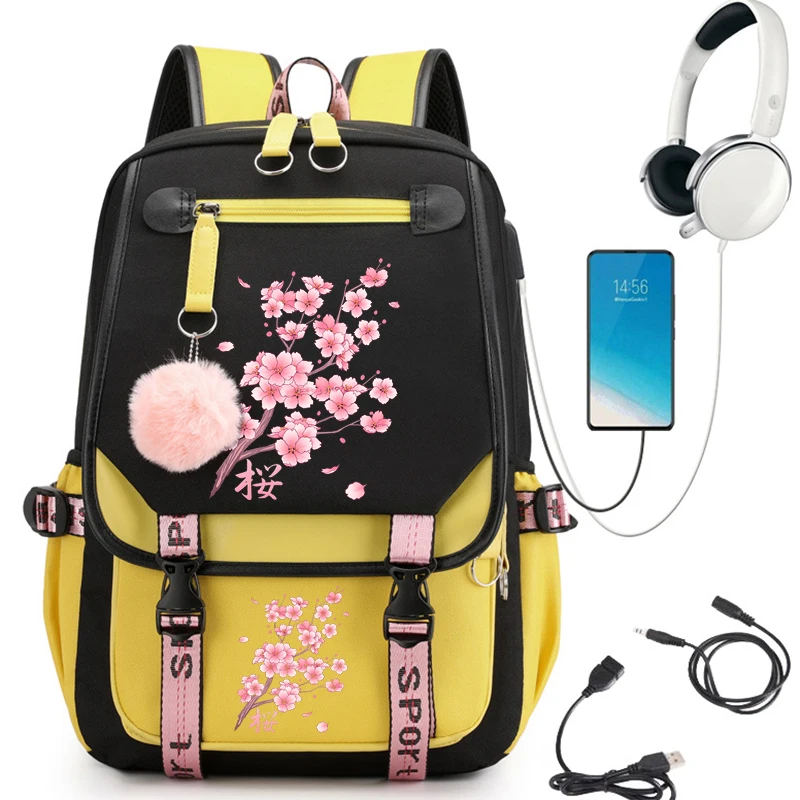 Kawaii School Backpack for Girls Cute School Bag Falling Sakura Cherry Blossom Bookbag Teens College Student Travel Shoulder Bag