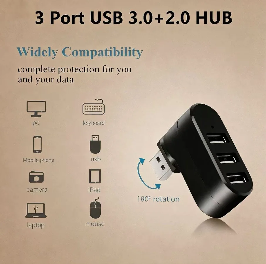 Compact 3-Port USB 3.0 Rotatable Hub & Splitter