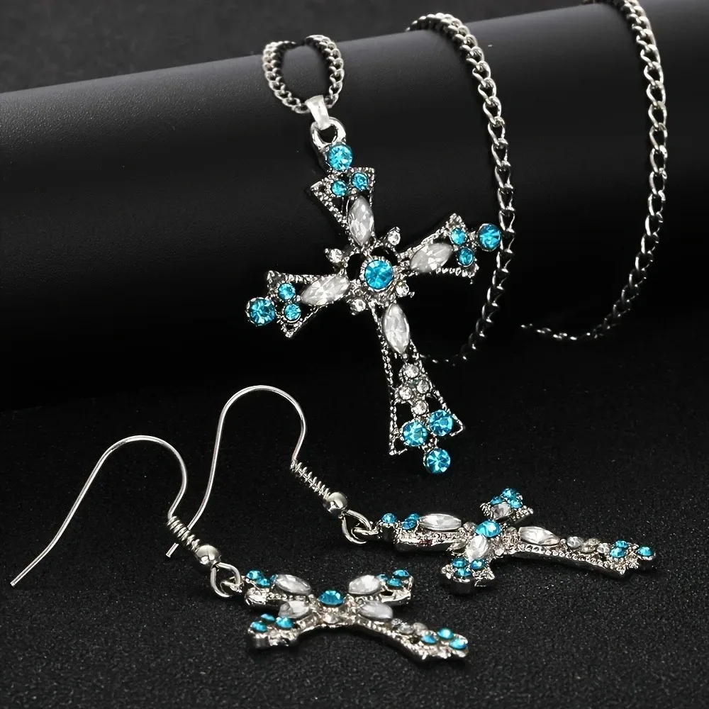 1 pair of earrings+1 pendant necklace set, wedding and engagement friend gift, sparkling cross design rhinestone jewelry set - 2