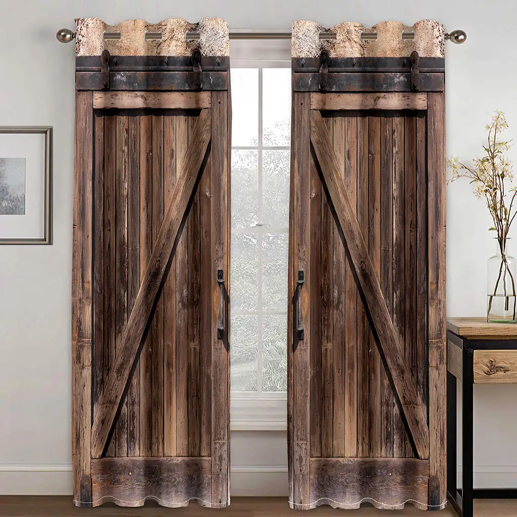 Two piece set of curtains, metal grommets. Dark brown, barn wooden door. Polyester, with dustproof and waterproof properties 2