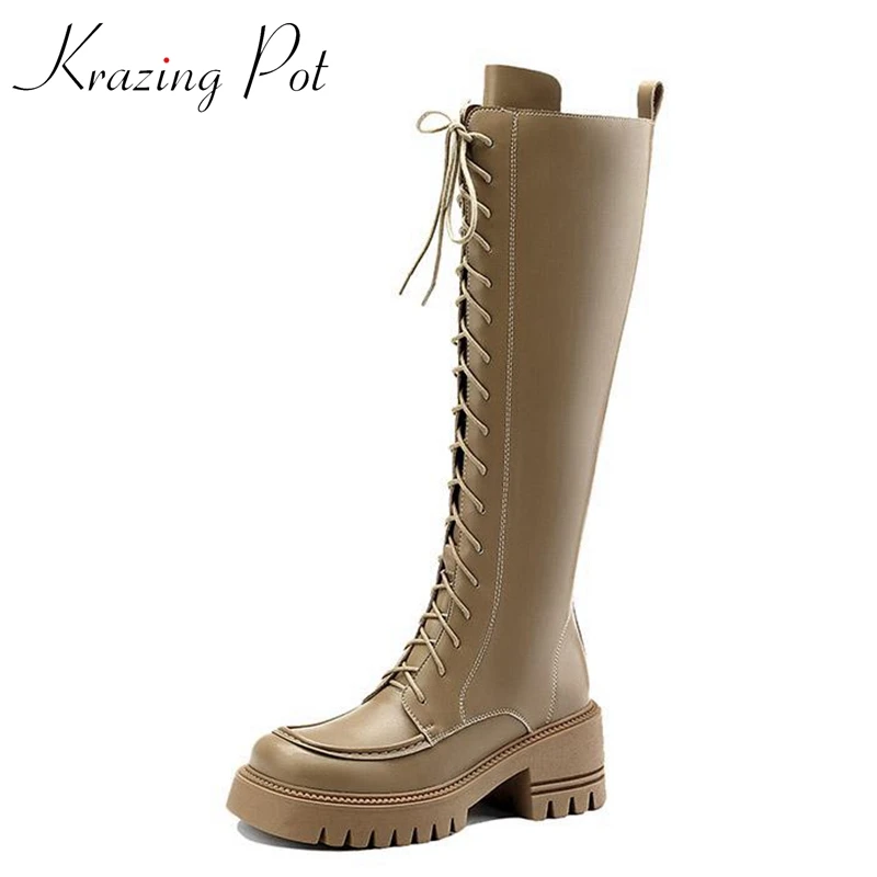 

Krazing Pot Genuine Leather Round Toe Thick High Heels Knight Long Boots Platform Cross-tied Fashion Wear Zip Thigh High Boots