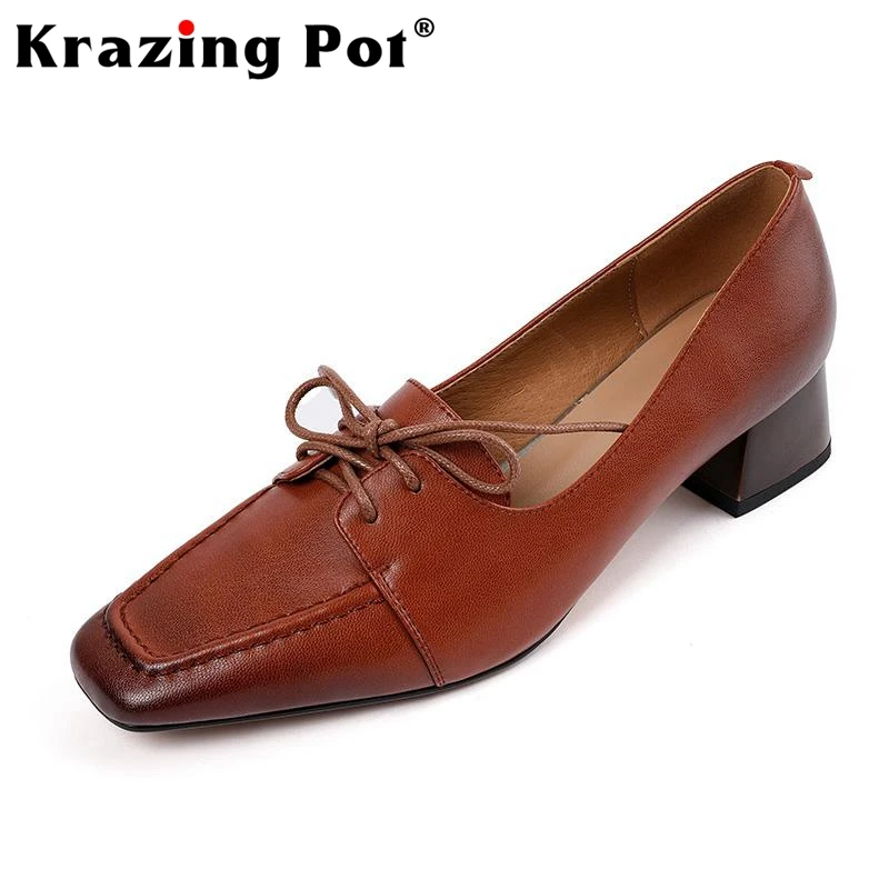 

Krazing Pot Big Size 41 Sheep Leather Square Toe Med Heels Spring Shoes Office Lady European Style Western Lace-up Brand Pumps