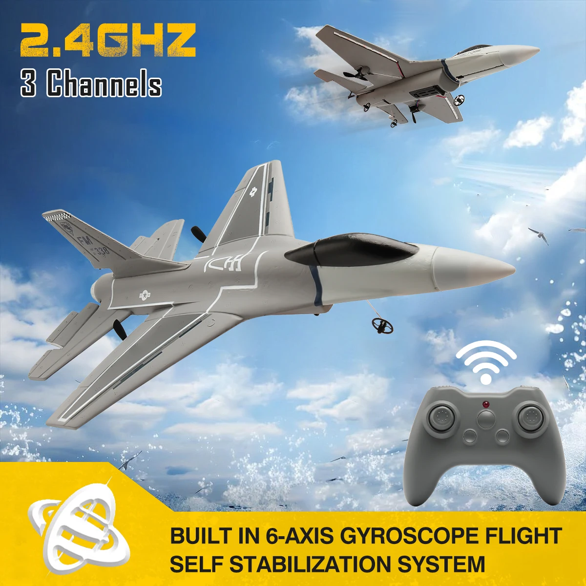 Dessous du F16 RC Planeur 2.4G 3CH avec Gyroscope 6 Axes, détail des ailes et du stabilisateur