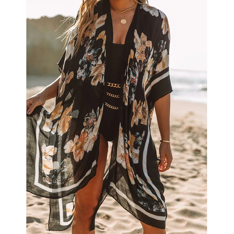 The New 2022 Europeans Printed Cotton Leaves Beach Blouse is Prevented Bask in Beach Dress Sexy Cardigan Bikini Cover ups bikini cover up dress Cover-Ups