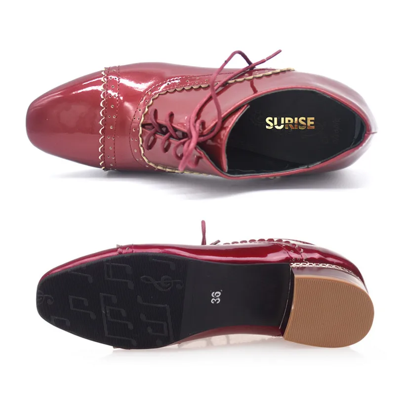 British Women Flats Patent Leather Black Red Square Toe Oxfords Derbies Brogues Vintage Casual Office Lace Up Ladies Dress Shoes