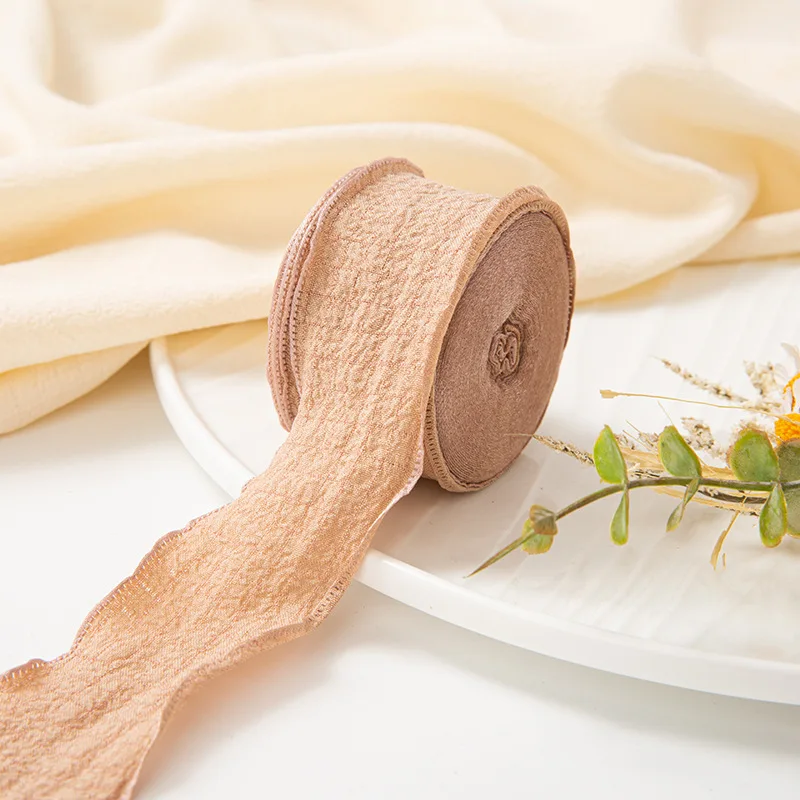 Elegant Wrinkled Lace Edge Silk Ribbon - 10 Yards for DIY Crafts and Decorative Projects