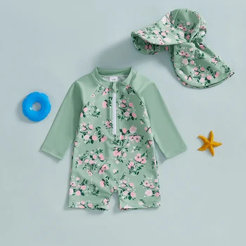 Costume da bagno a maniche lunghe per bambina da bambino, stampa floreale, mezza cerniera, non pilling, costumi da bagno, set di cappelli da sole 1