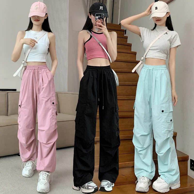 

2000S New Fashion And Leisure Solid Pink Drawstring Fluid Baggy Cargo 90S Pants Women Black Red Blue Streetwear Trousers Bottoms