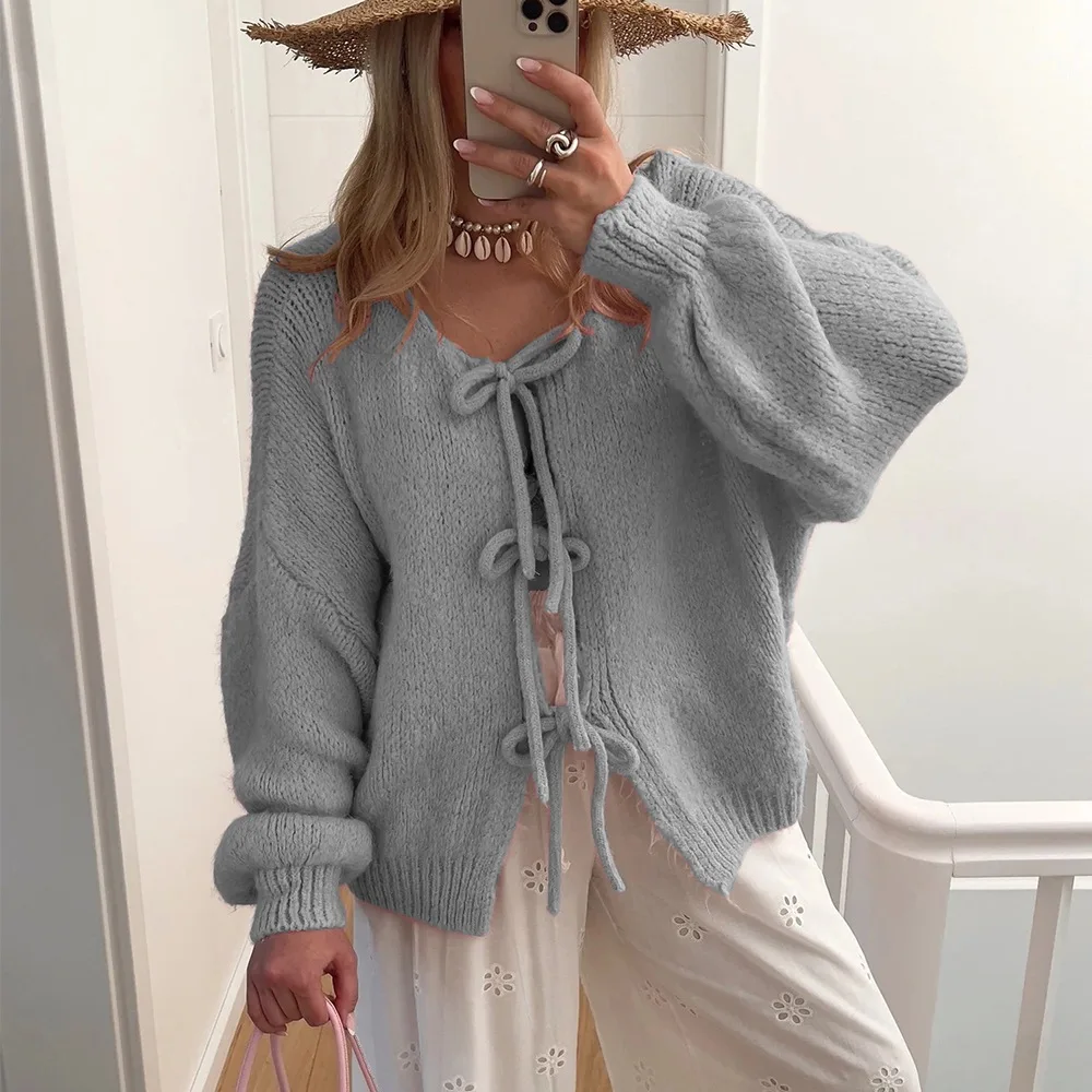 2025 Autumn Women Lace up Cardigans Sweater Fashion Loose O-neck Long Sleeve Open Stitch Sweater Coat Female Knitting Jacket