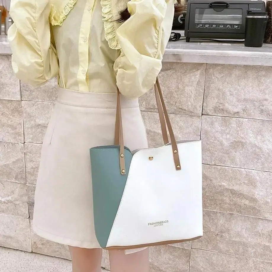 1 Pcs Women's Patchwork Leather Tote Bag Contrasting Color Shoulder Bag Pu Leather Women's Shopping Bag Casual Large Capacity