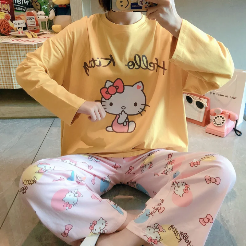 Sanrio Hello Kitty Summer Cute Pajamas Pant Women Y2k Japanese Sweets Sleepwear  Female Print Loungewear Home Clothes Suit 2023 