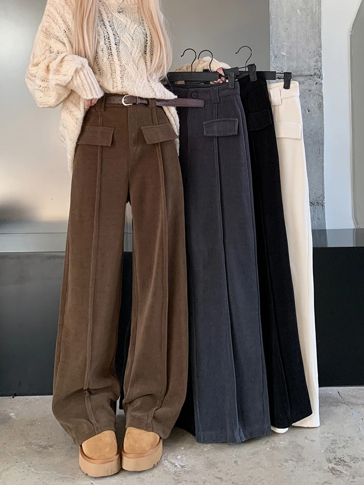 

HOUZHOU Corduroy Wide Leg Pants Women Loose High Waist Casual Suit Trousers Female Autumn Winter Vintage Korean Streetwear