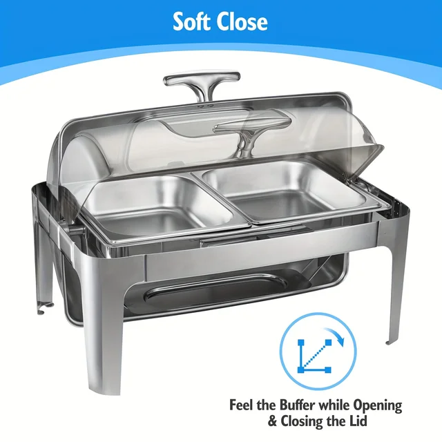 Stainless Steel Roll-Top Chafing Dish Set - 9Qt Capacity, Easy Clean & Durable Buffet Server For Parties, Includes 1/2 Size Pans 3