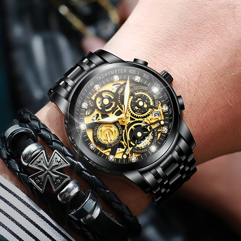Fashion Hollow Quartz Watch Men's Luxury Stainless Steel Chronograph Male Golden Watches Luminous Clock relogio masculino hombre